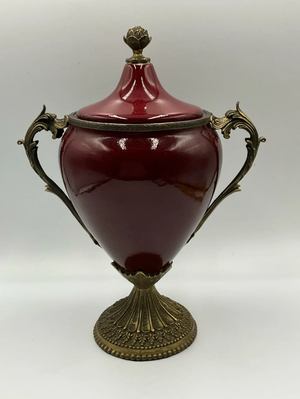 Urn Vintage Ornate Red Ceramic Urn with Brass Accents Rare